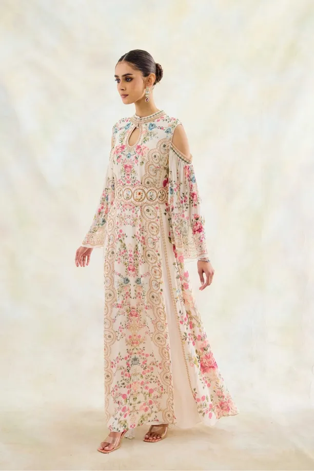 Cream White Printed Kaftan Set 