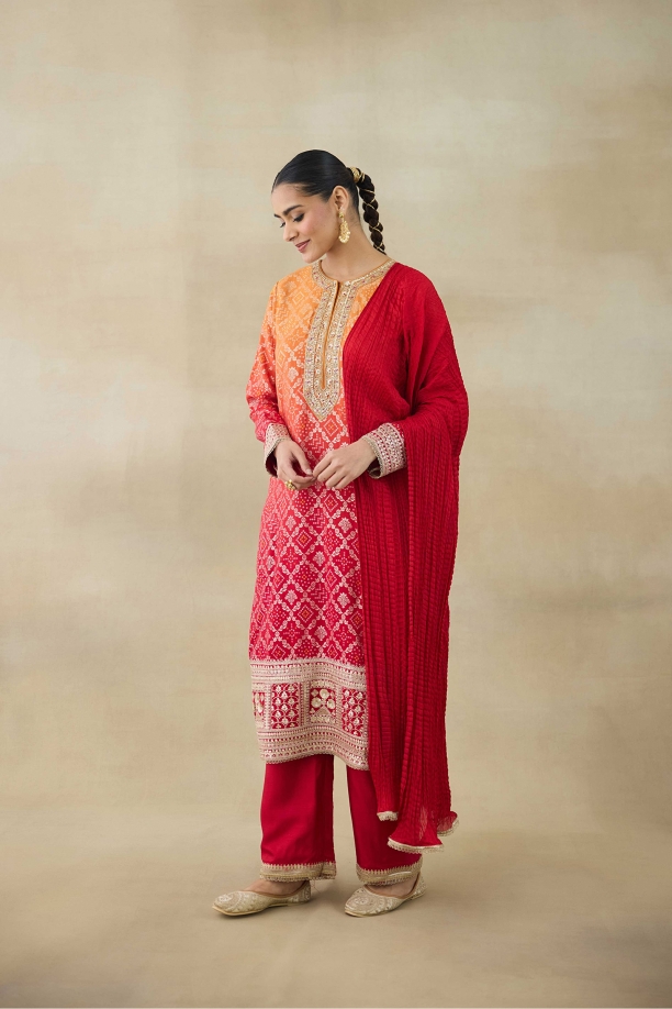 Ombre Red Silk Suit Set 