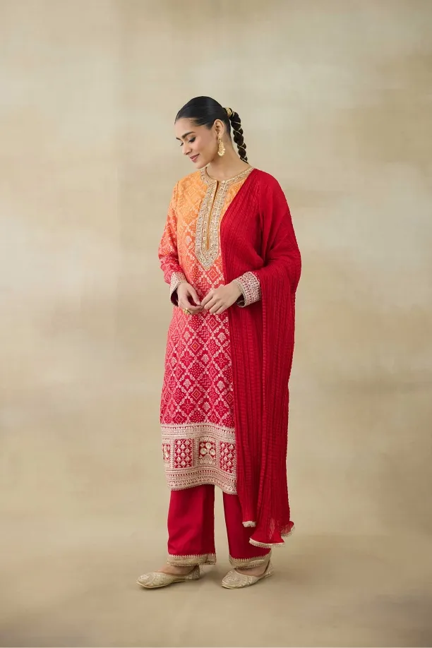 Ombre Red Silk Suit Set 