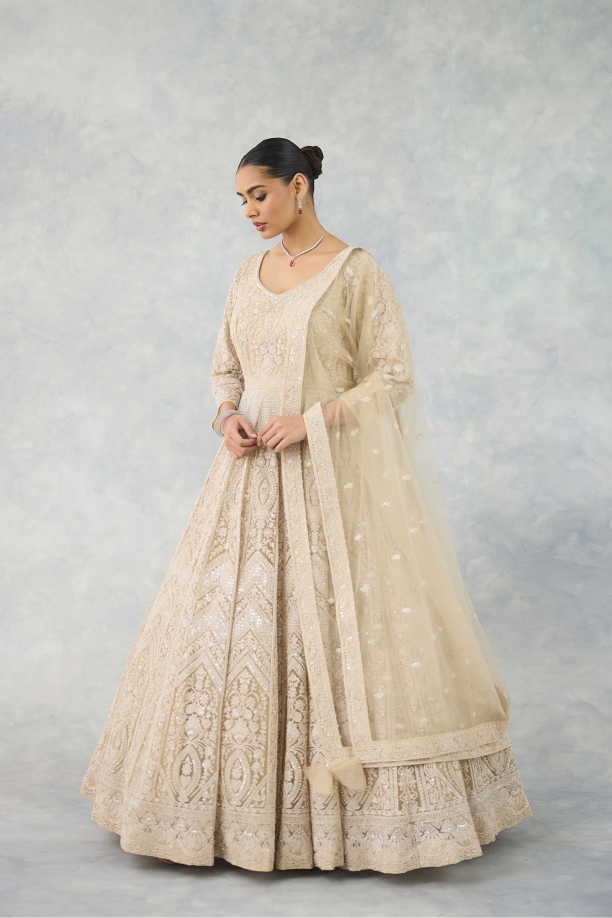 White Beige Anarkali Set