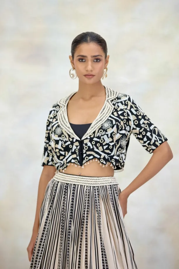 Black and Ivory Crepe Lehenga Set