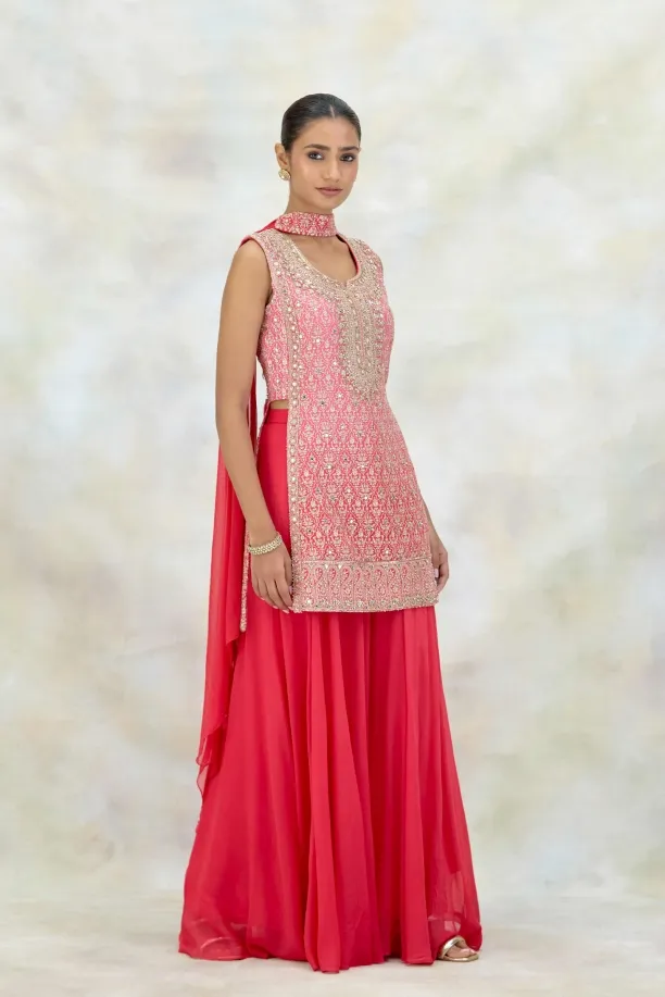 Coral Pink Georgette Sharara Set