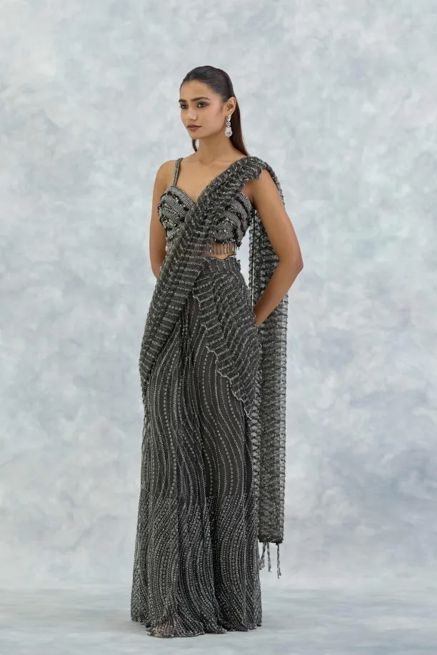 Charcoal Grey Net Drape Saree