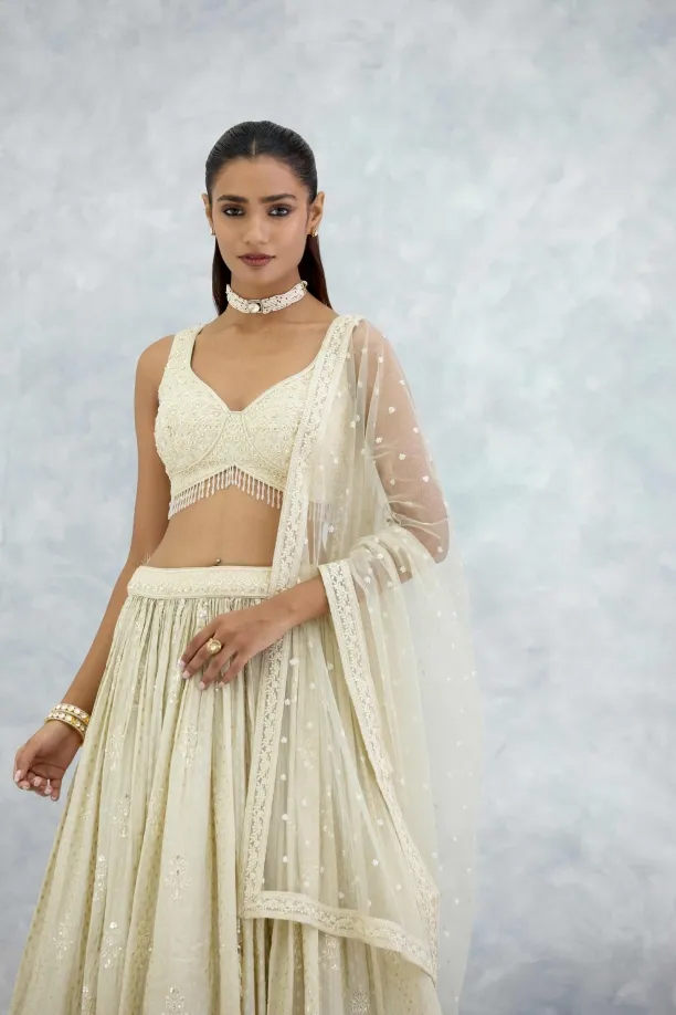 Beige Banarasi Silk Lehenga Set