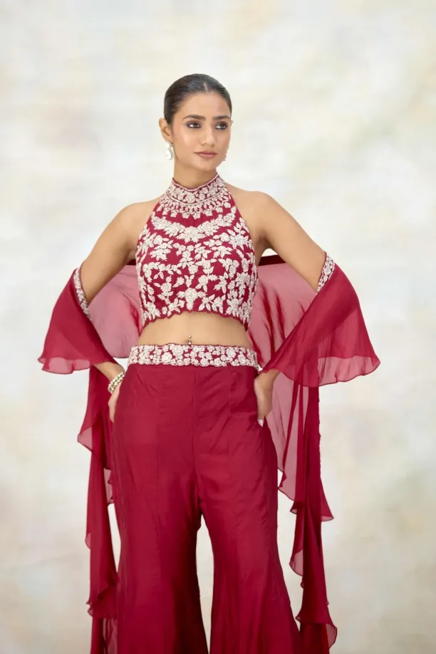 Cherry Maroon Silk Sharara Set