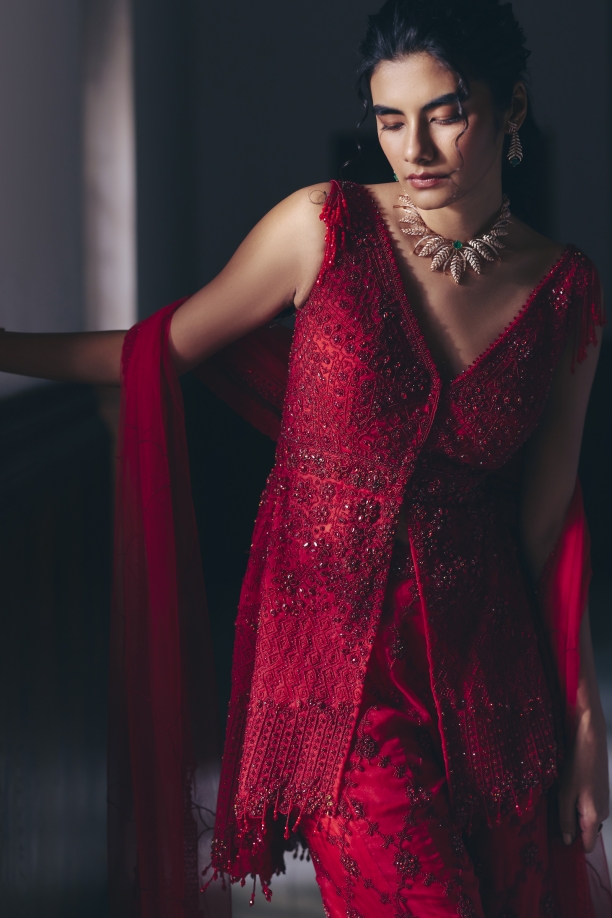 Cherry Red Organza Sharara Set