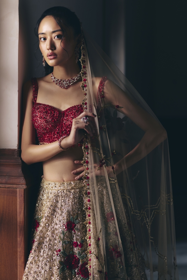 Gold Tissue Net Lehenga Set