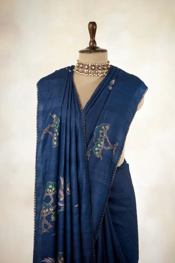 Midnight Blue Tussar Slik Saree