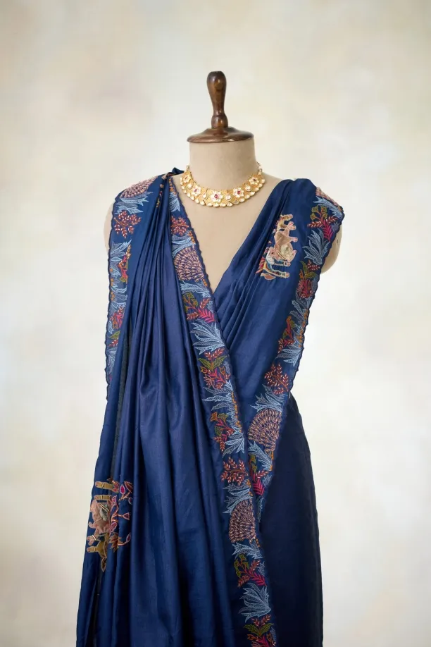Navy Blue Tussar Silk Saree
