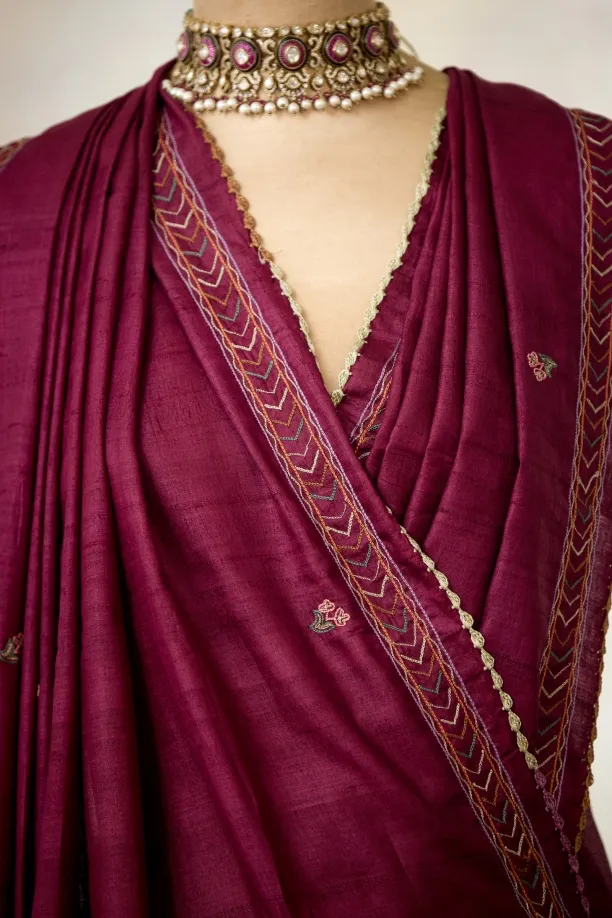 Wine Tussar Slik Saree