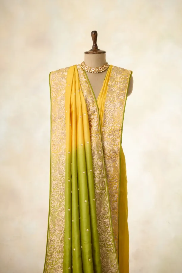 Dual-Shade Green-Yellow Tussar Silk Saree