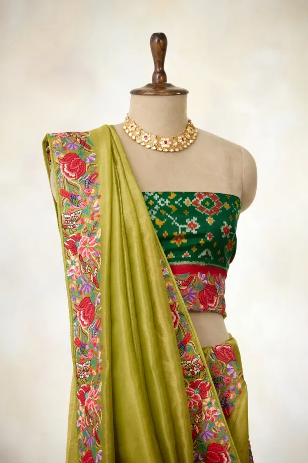 Olive Green Tissue Silk Saree