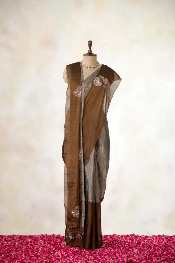 Silver & Burnished Brown Tissue Silk Saree
