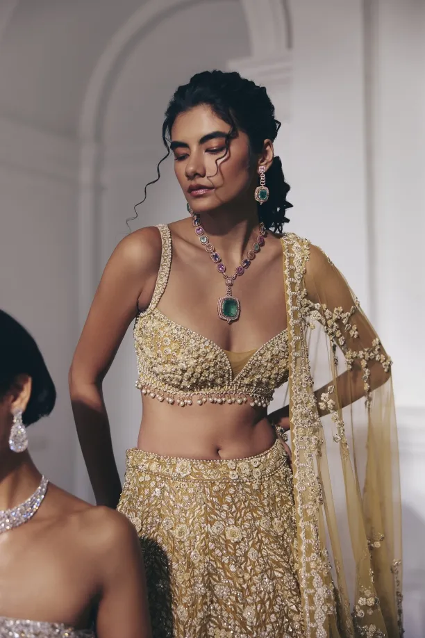 Mustard-Gold Net Lehenga Set