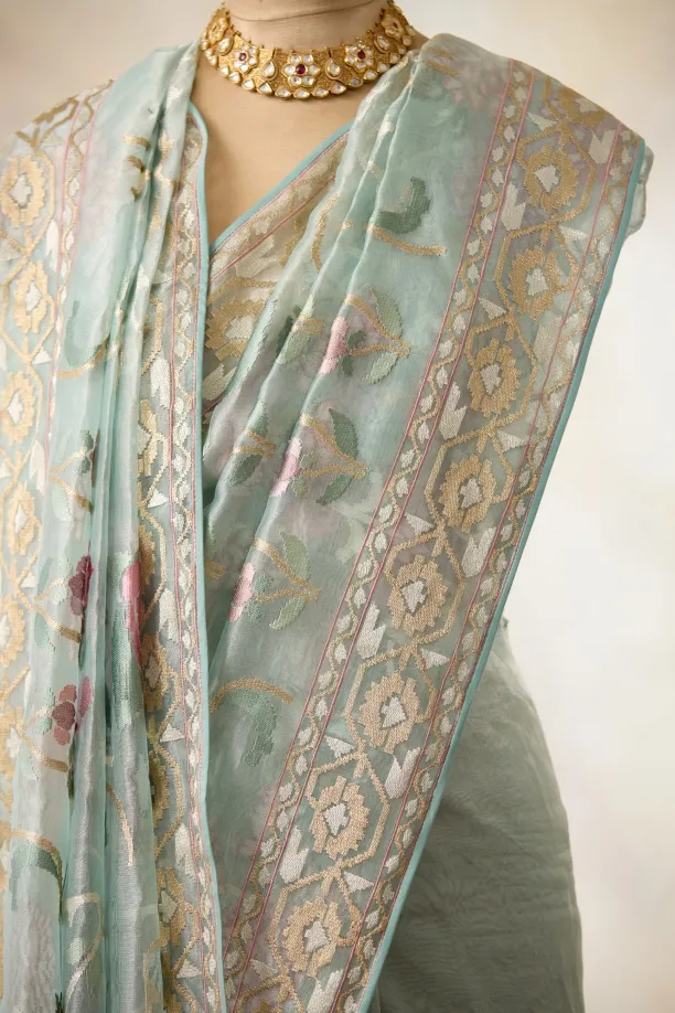 Aqua Blue Tissue Saree