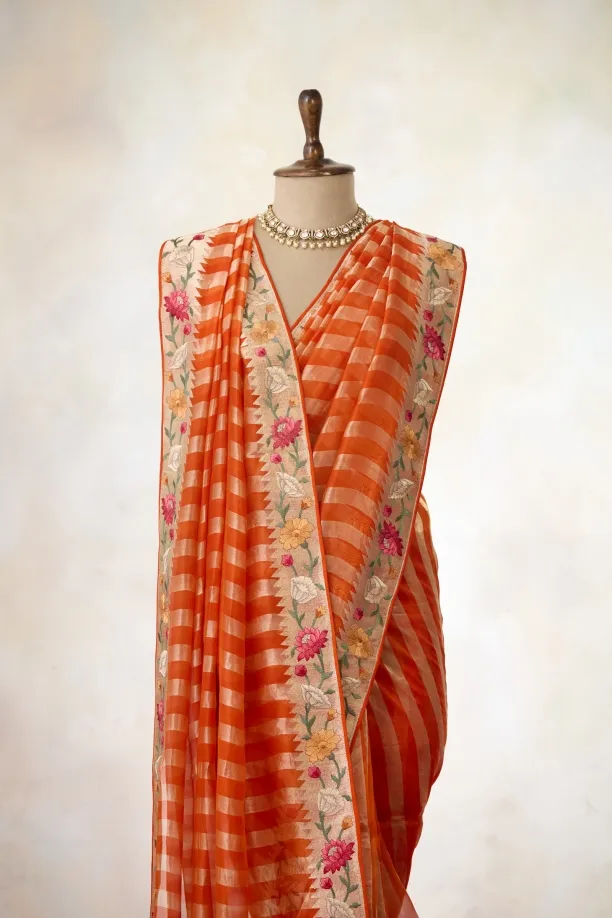 Tangerine Organza Silk Saree