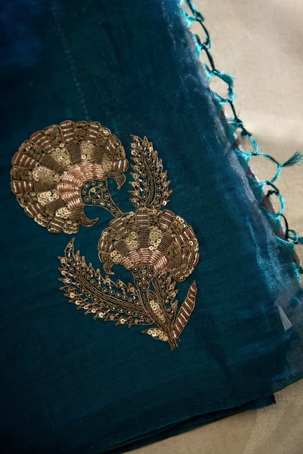 Silver & Teal Green Tissue Silk Saree
