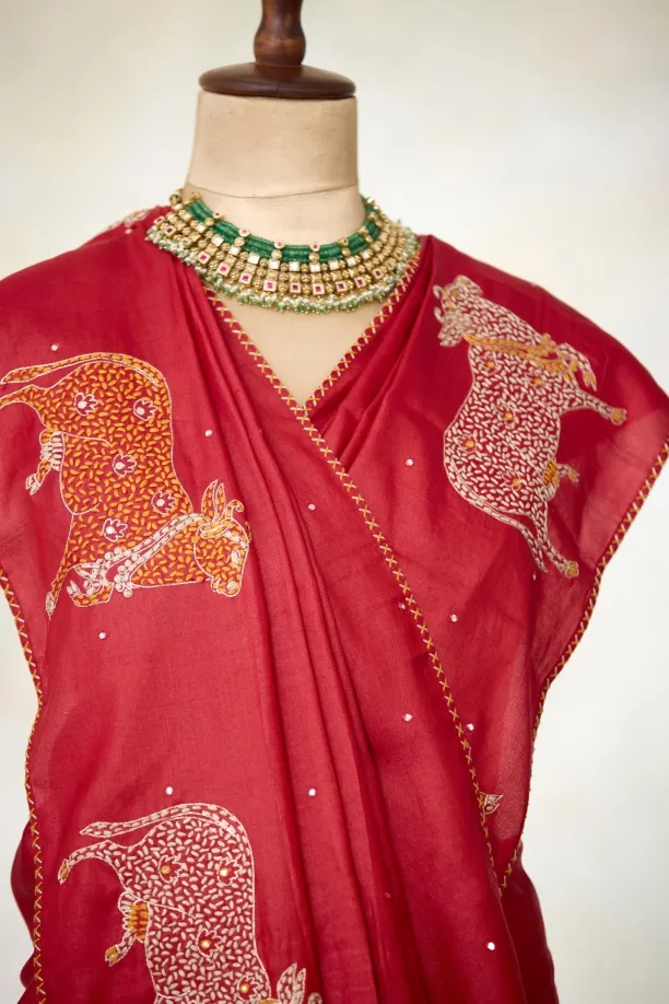 Rust Red Tussar Silk Saree