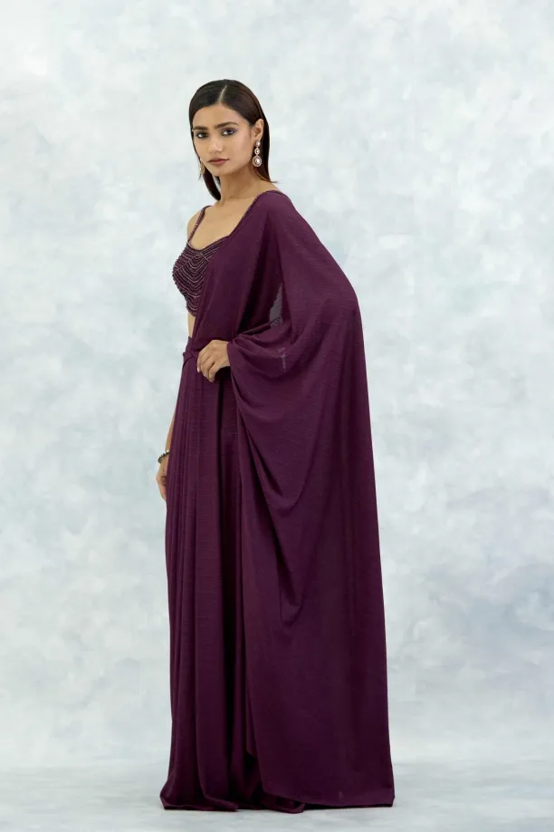 Wine Lycra Drape Saree