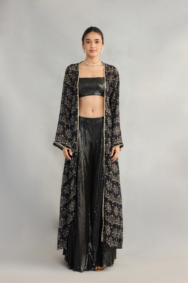 Black Printed Sequin Cape Suit