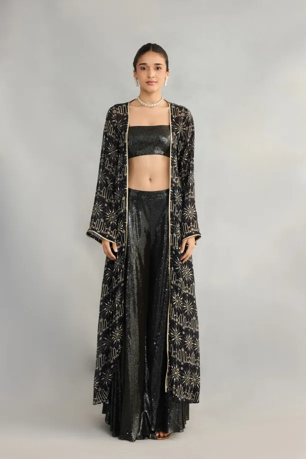Black Printed Sequin Cape Suit