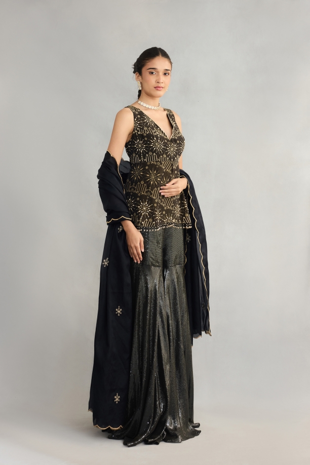 Black Sequin Printed Sharara Set