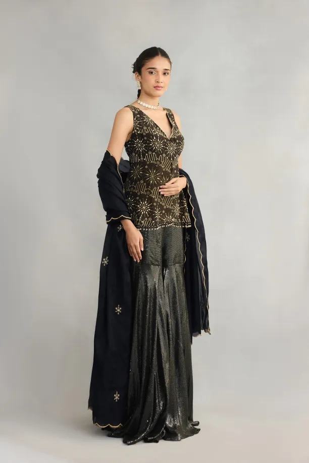 Black Sequin Printed Sharara Set