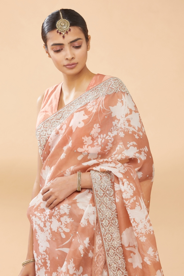 Salmon Peach Embroidered Saree