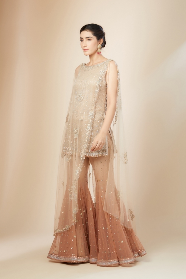 Beige And Rust Ombre Sharara Set