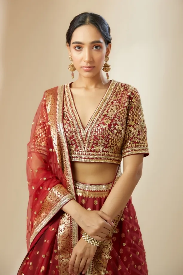 Deep Red Banarasi Silk Lehenga 