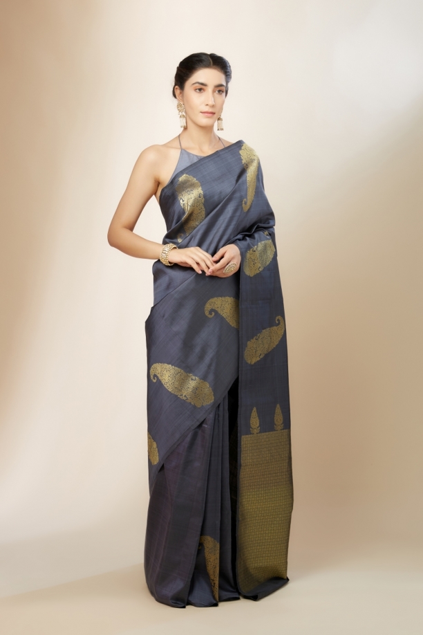 Dark Grey Kanjivaram Silk Saree