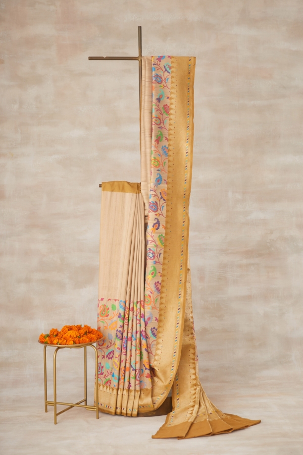 Ivory Floral Printed Banarasi Tussar Silk saree