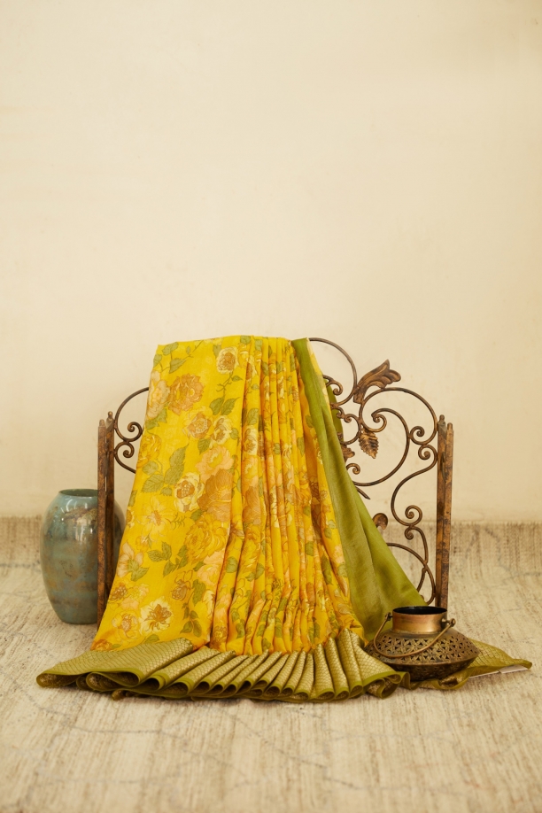 Mango Yellow Floral Printed Kanjivaram Silk Saree