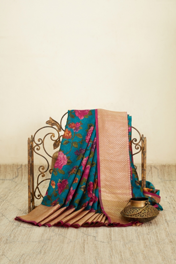 Teal Green Floral Printed Kanjivaram Silk Saree
