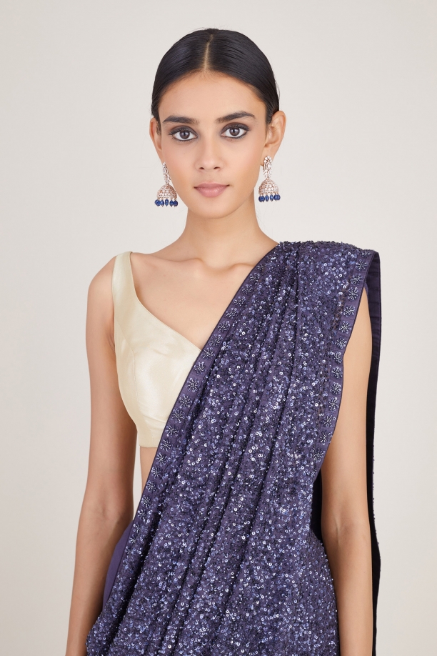 Aubergine Purple Sequin Embellished Georgette Saree