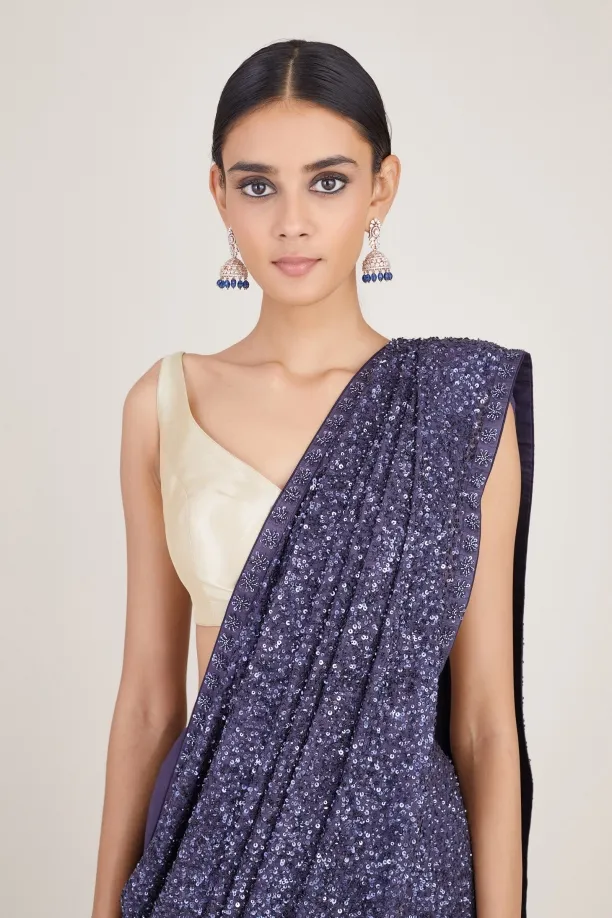 Aubergine Purple Sequin Embellished Georgette Saree
