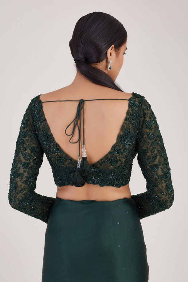 Bottle Green Sequin Satin Organza Saree
