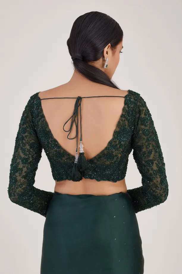 Bottle Green Sequin Satin Organza Saree