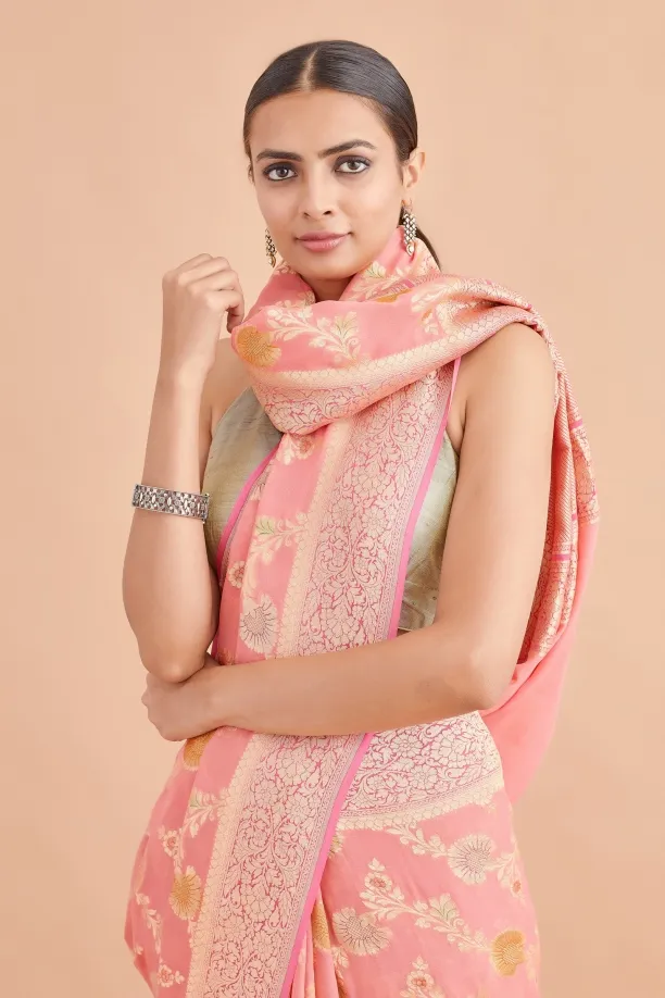 Rose Pink Weave Brocade Saree