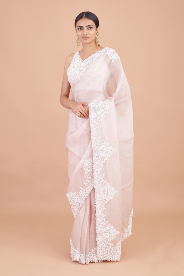 Crepe Pink Floral Organza Saree