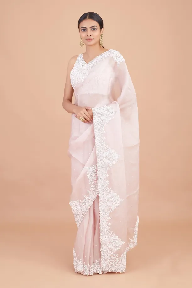 Crepe Pink Floral Organza Saree