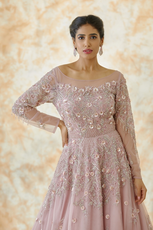 Onion Pink Embroidered Net Gown