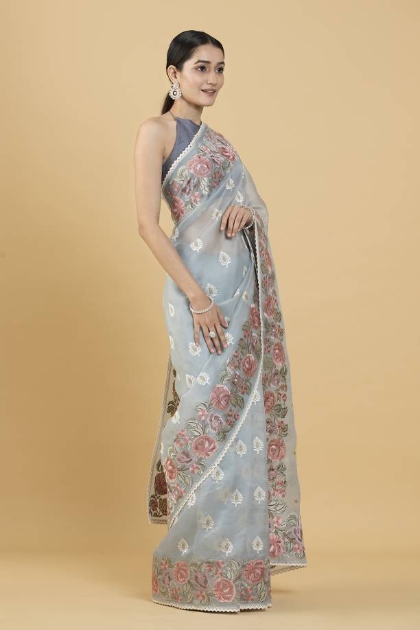 Rose and Paisley Motif Blue Organza Chikankari Saree