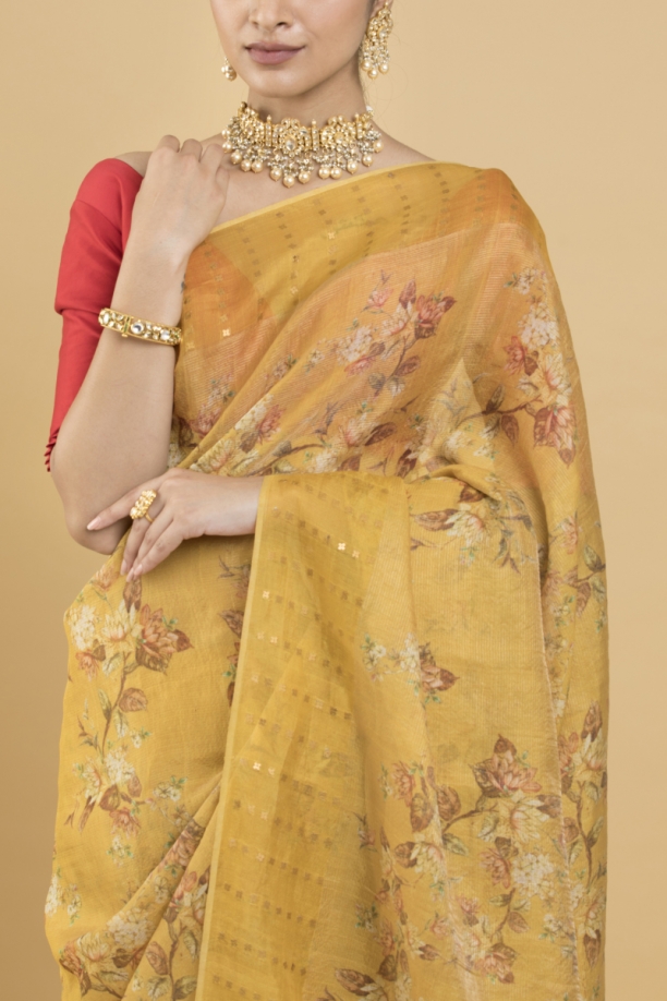 Turmeric Yellow Floral Print Tussar Saree