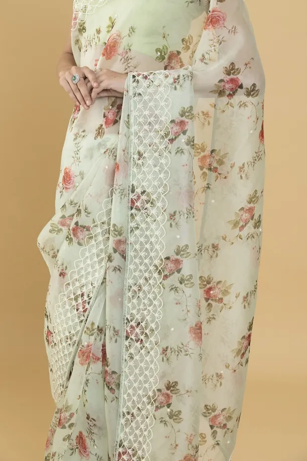 Mint Green Floral Print Embellished Organza Saree