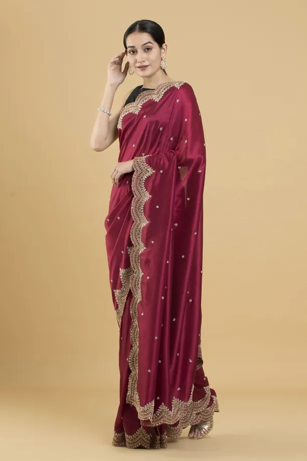 Maroon Embroidered Silk Saree