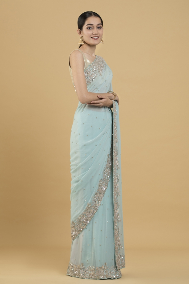 Powder Blue Sequinned Georgette Saree