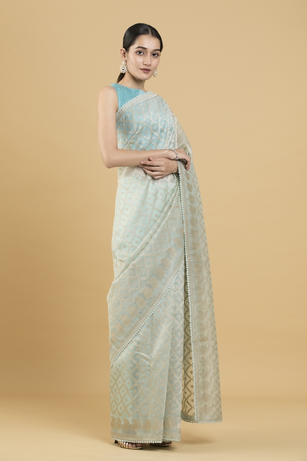 Mint Green Motif Zari Weave Organza Saree