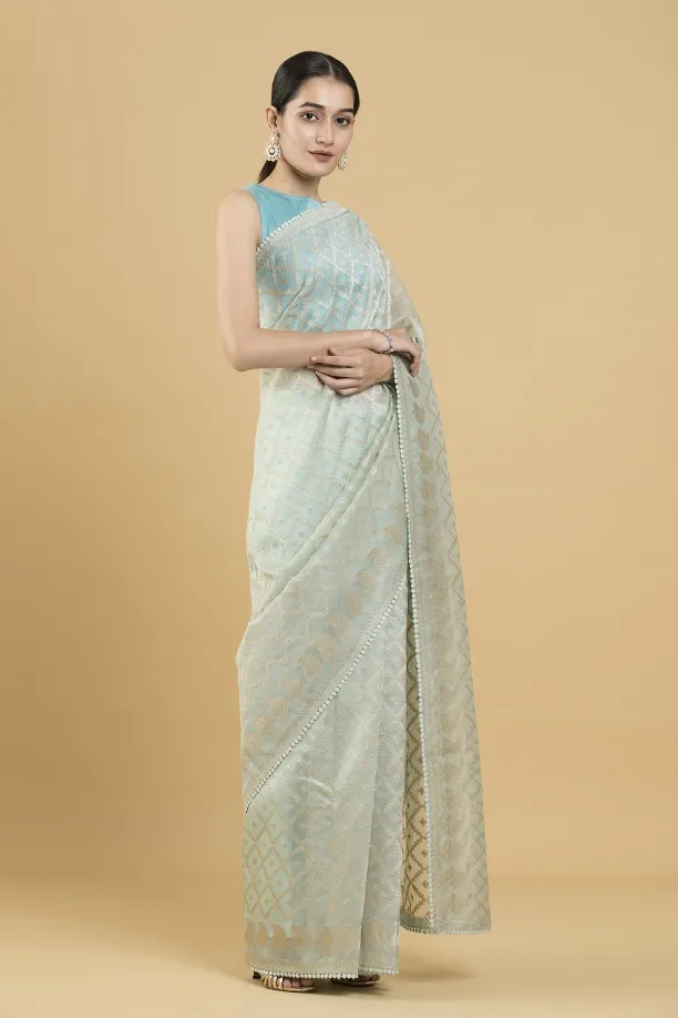 Mint Green Motif Zari Weave Organza Saree