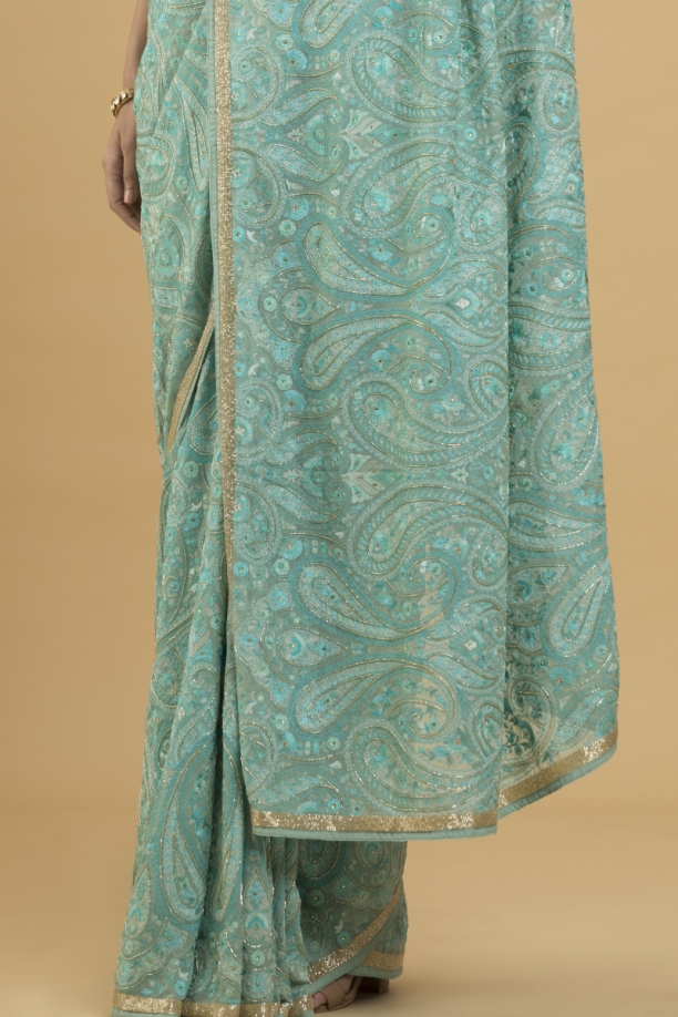 Turquoise Resham Embroidered Paisley Motif Saree